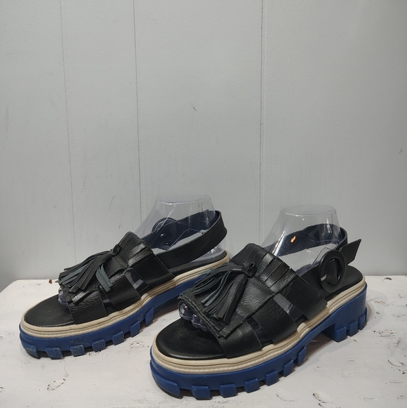 Manolita Demain Tratorada Preta Platform Sandals Black Leather Blue Sole Size 37 - Picture 5 of 9